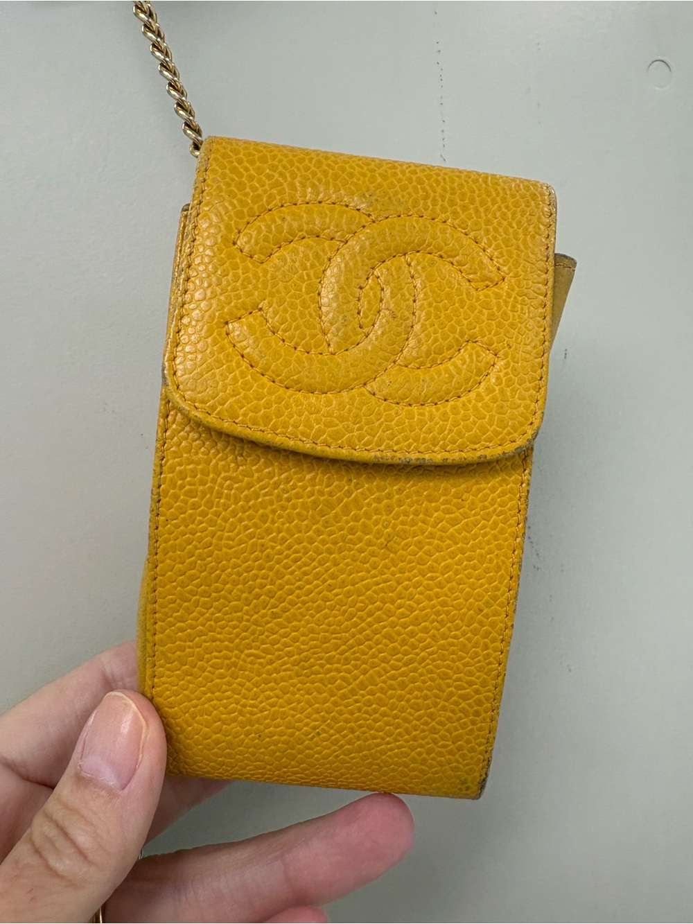 Vintage CHANEL Yellow Caviar Leather CC Multi Case Pouch On Chain 1995